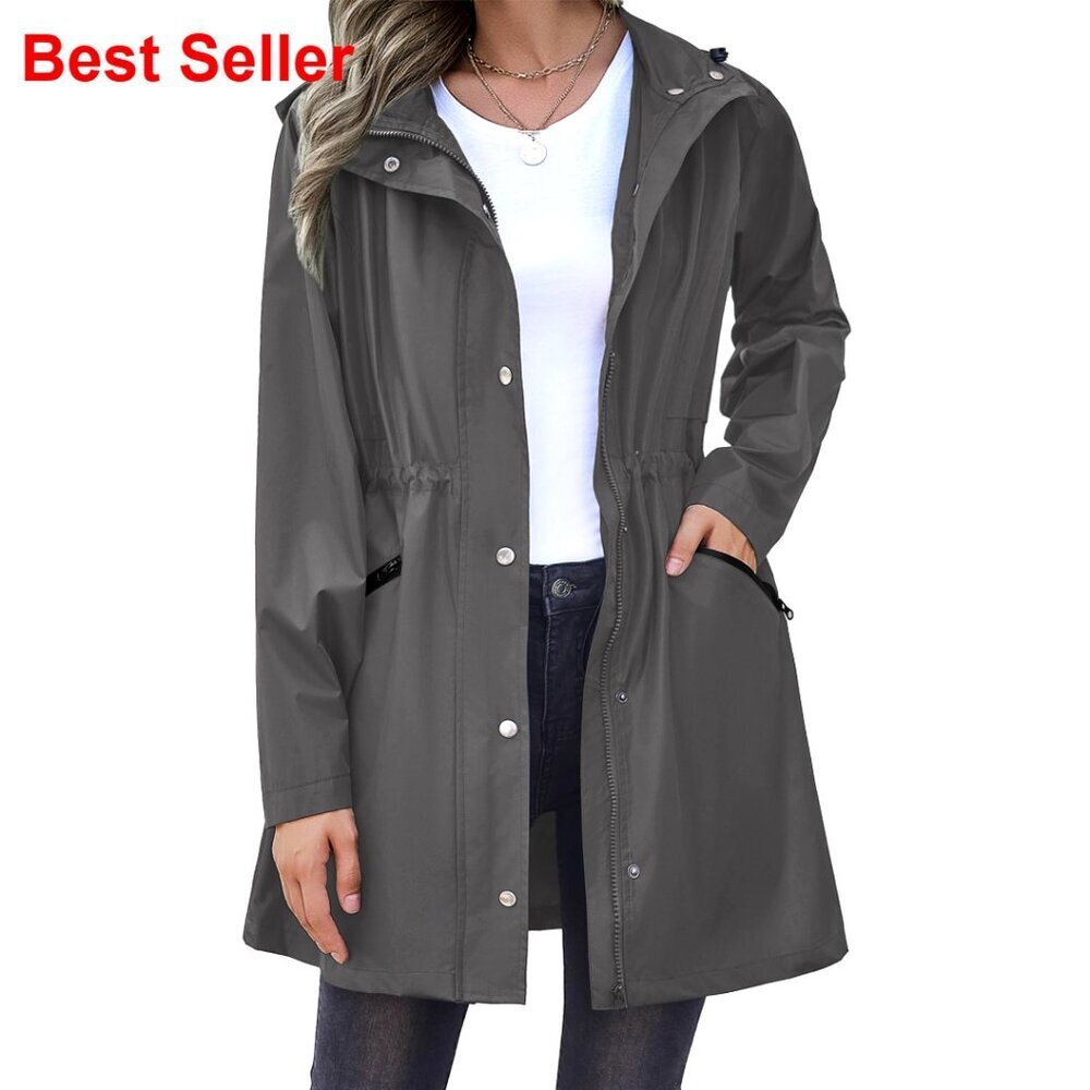 Waterproof Long Hooded Rain Jacket Trench Coat Windbreaker